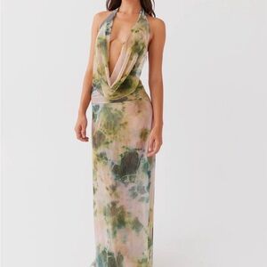 Peppermayo Pink & Green Tie-Dye Backless Halter Maxi Dress